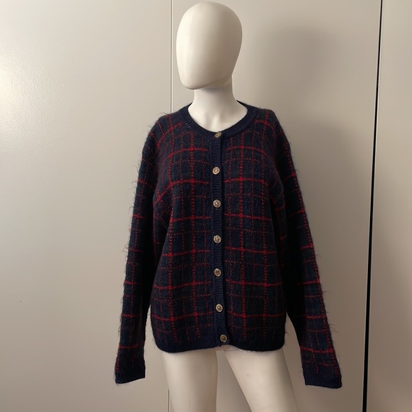 Vintage Equorian Heritage Navy & Red Knit Cardigan Sz Md - Picture 2 of 12